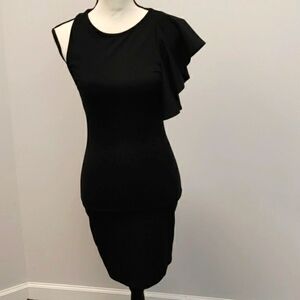Bailey Blue Asymmetrical Fitted Ruffle Solid Black Dress NEW